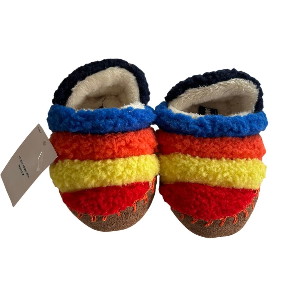 Lands End NWT Size 5 Toddler Colorful Striped Fleece Slippers Faux Fur Rainbow